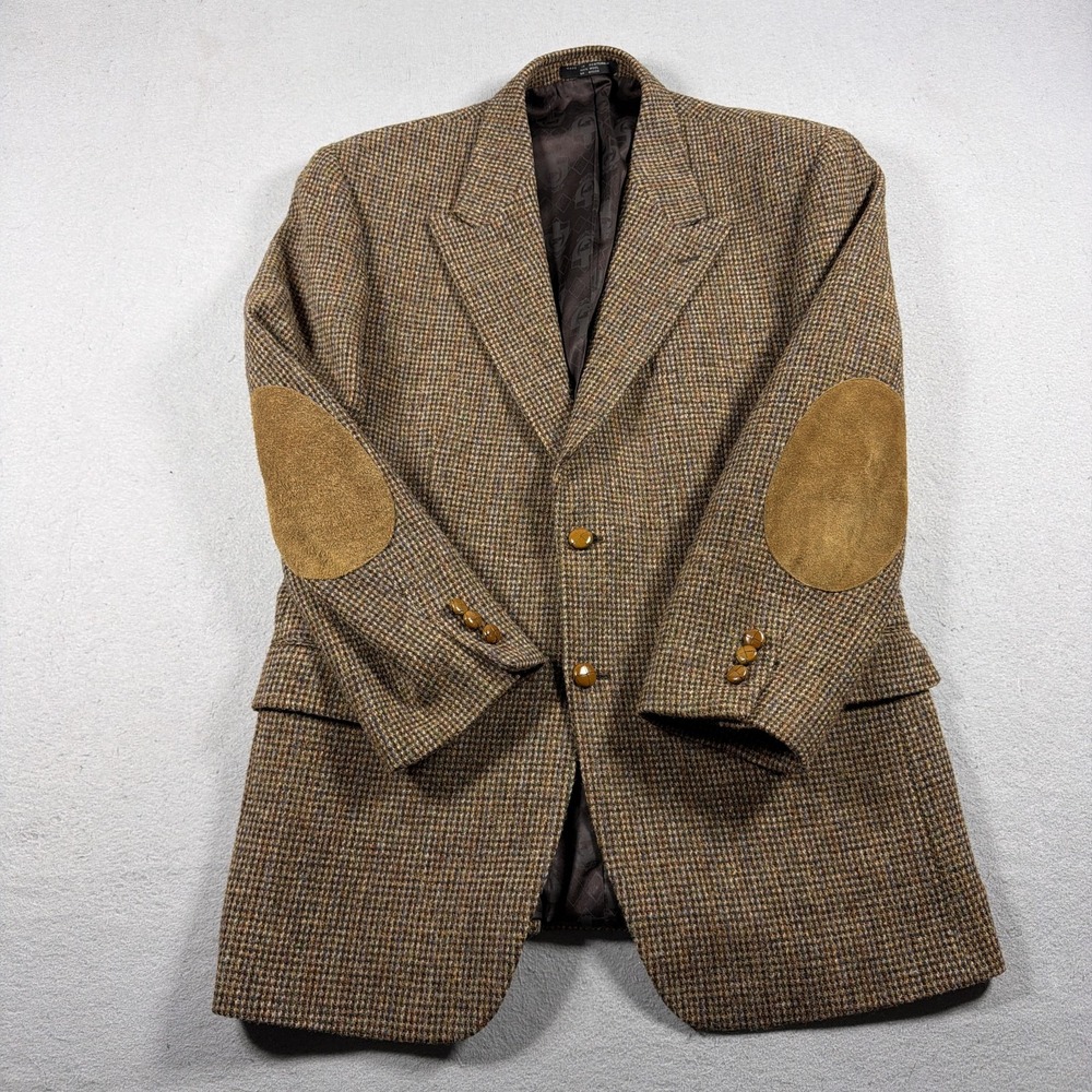 VTG Herringbone Tweed Blazer Mens 42 Brown Wool Sport Coat Elbow Patches Teacher